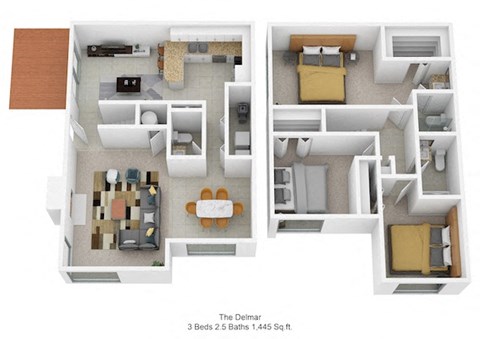 3 bedroom 2.5 bathroom floor plan at Harpers Point Apartments, Cincinnati, OH, 45249